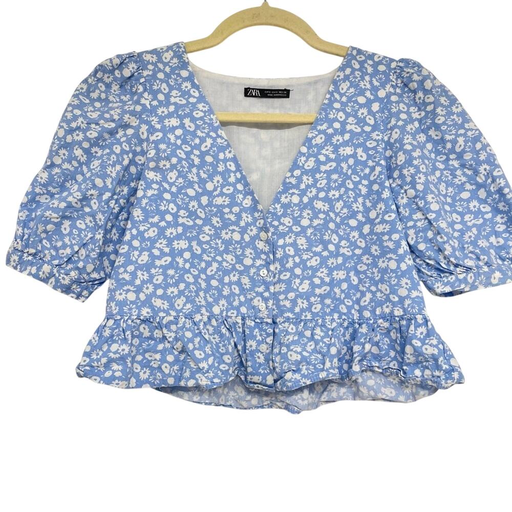 Zara Blue White Ditsy Floral Puff Sleeve Button Down Crop Top Blouse S Ruffled
